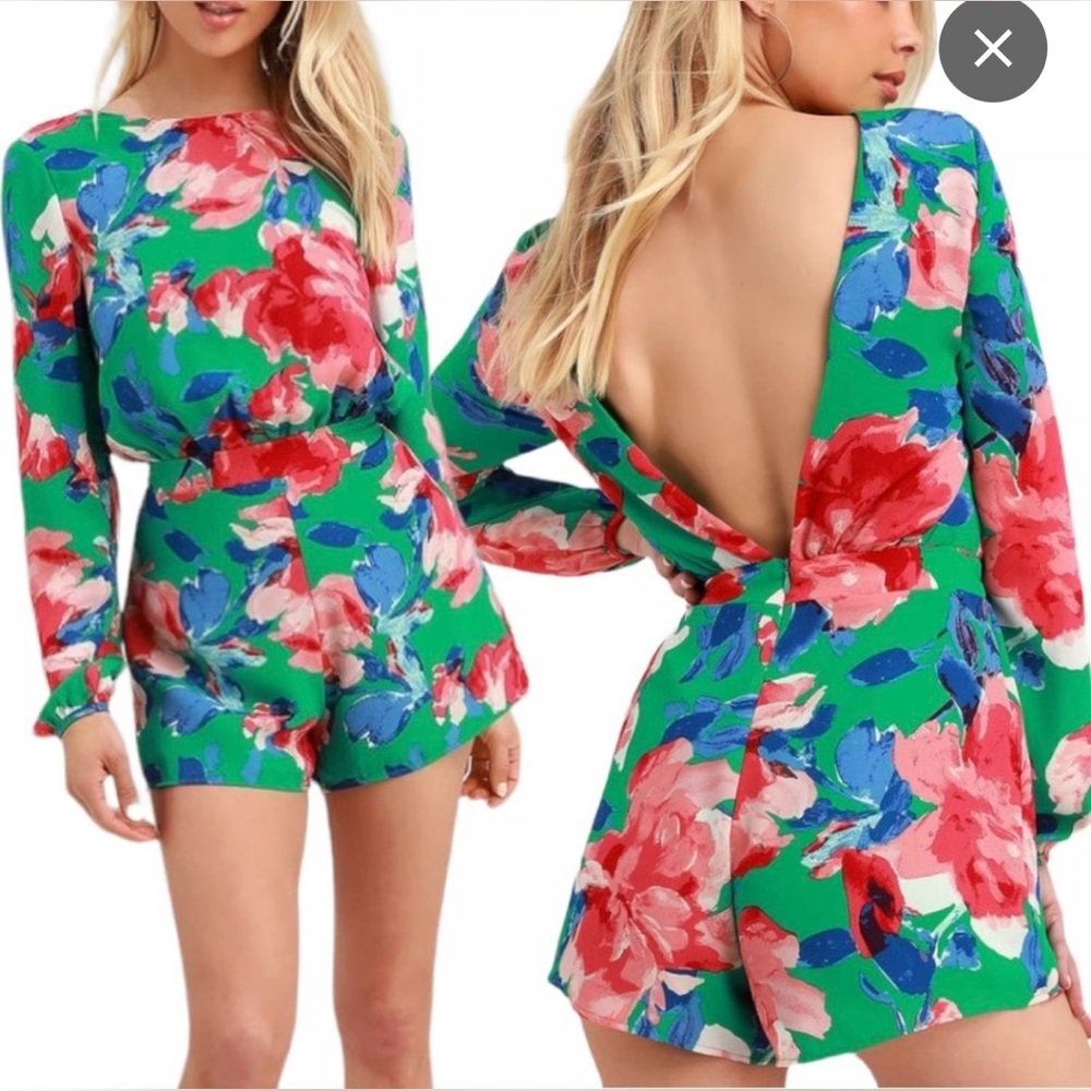 NWT Lulu's Sweetest Song Green Floral‎ Print Backless Romper -  Size XS